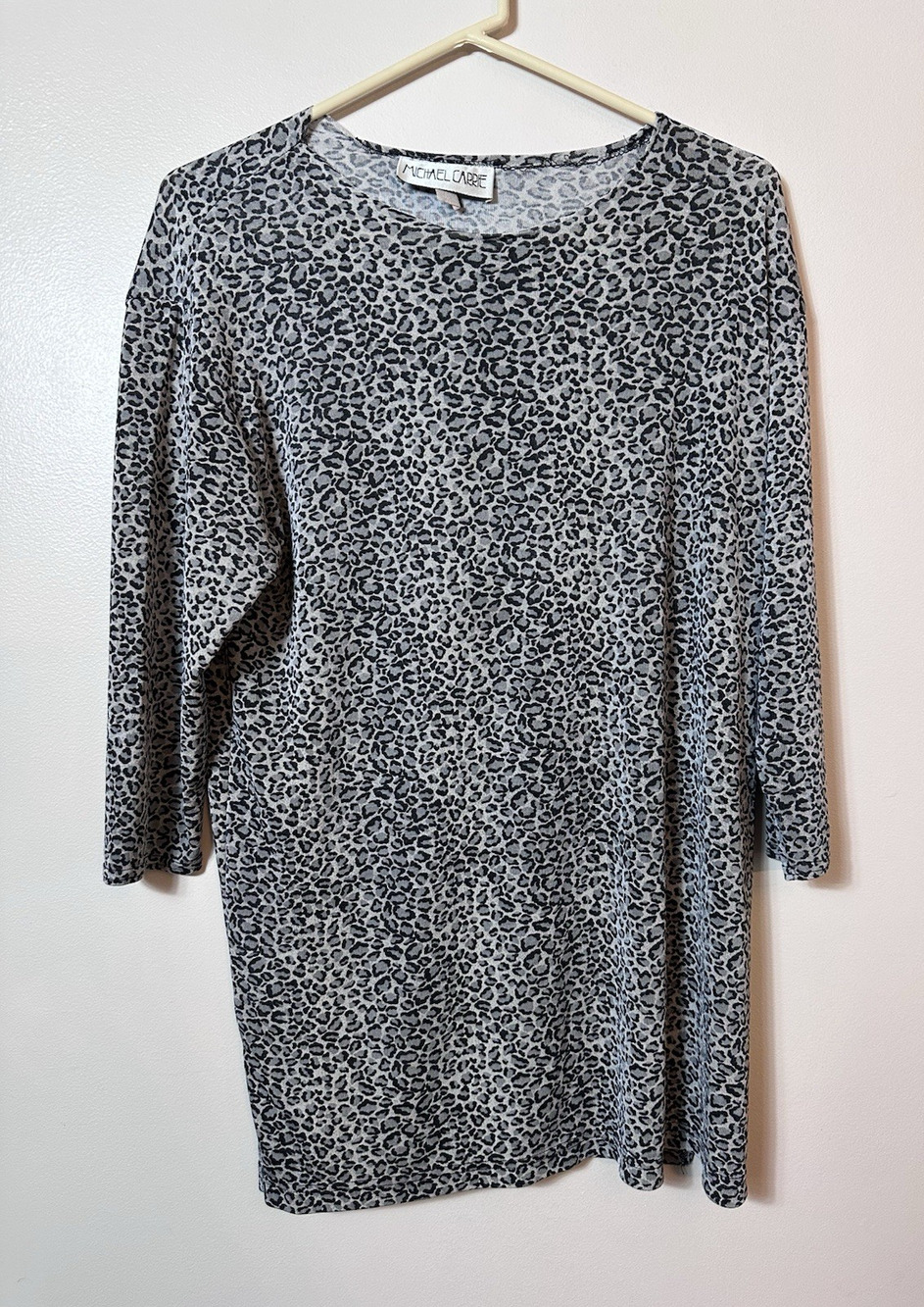 Vintage Michael Carrie Top Womens XL Gray Black Leopard Tunic 3/4 Sleeve Stretch